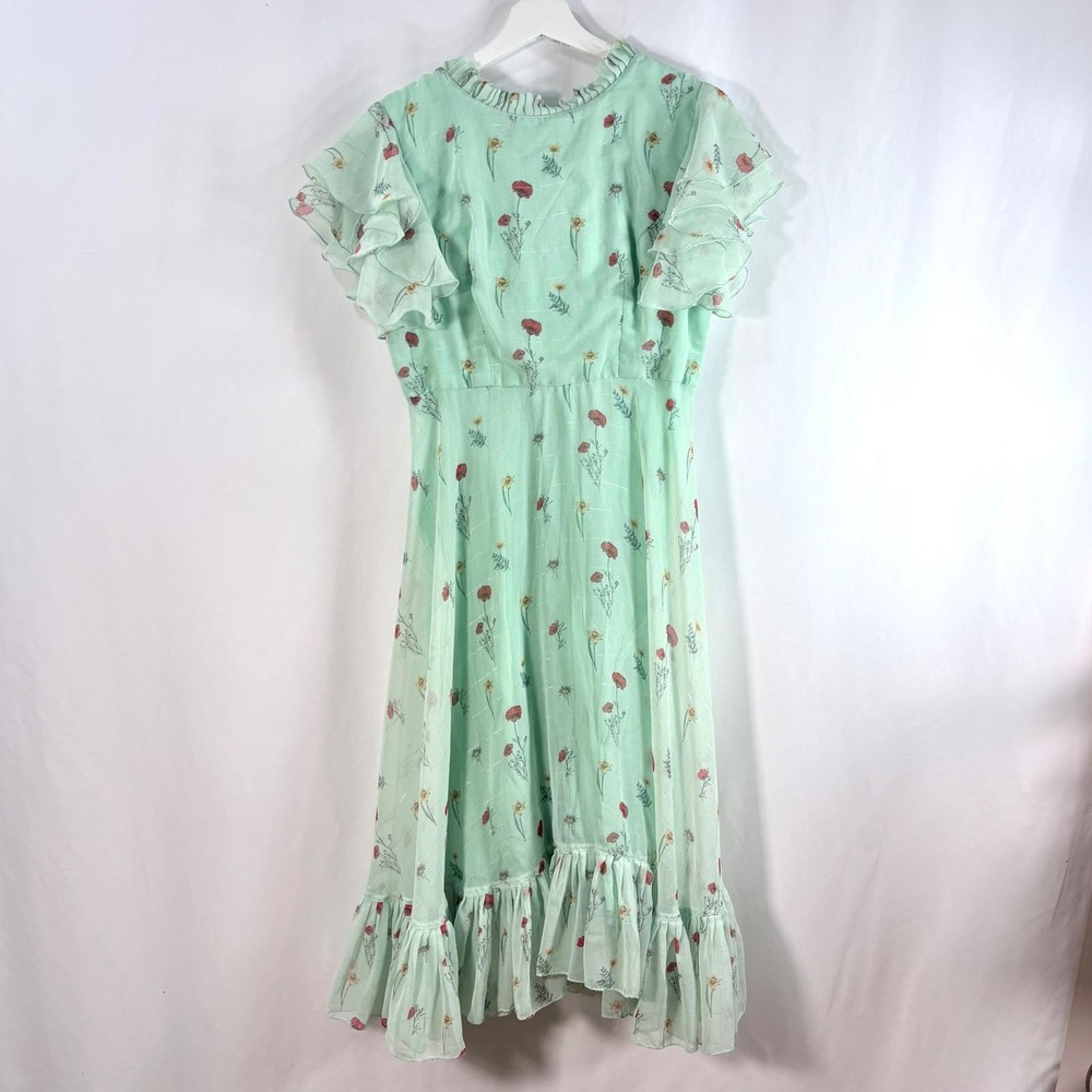 Handmade Vintage Midi Dress Mint Green Floral Poppy Ruffle Flutter Sleeve - Picture 2 of 9